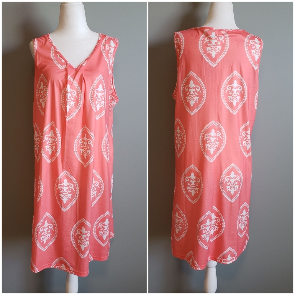 Bright Salmon Fleur De Lis V-Neck Sleeveless Oversized Knee Length Dress M